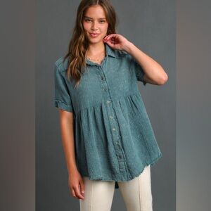 Umgee Teal Gauze Babydoll Top Medium | Button Front Flowy Boho Blouse